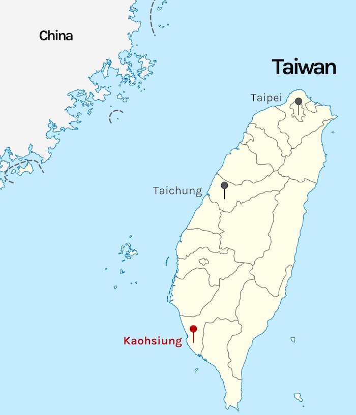 Kaohsiung marked on map of Taiwan Taipei marked on map of Taiwan