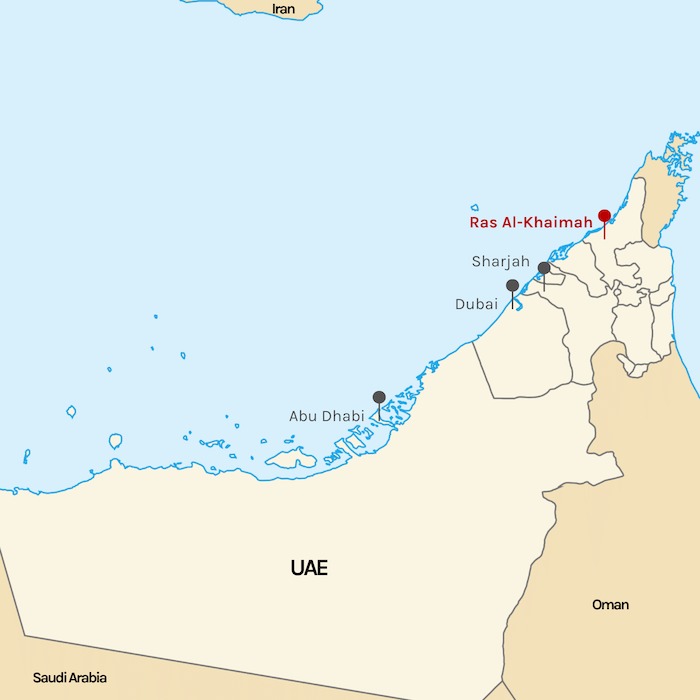 Ras Al-Khaimah marked on UAE map Abu Dhabi marked on UAE map