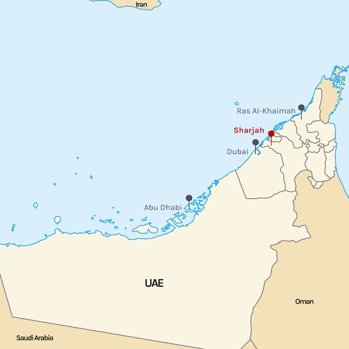 Sharjah marked on UAE map Abu Dhabi marked on UAE map