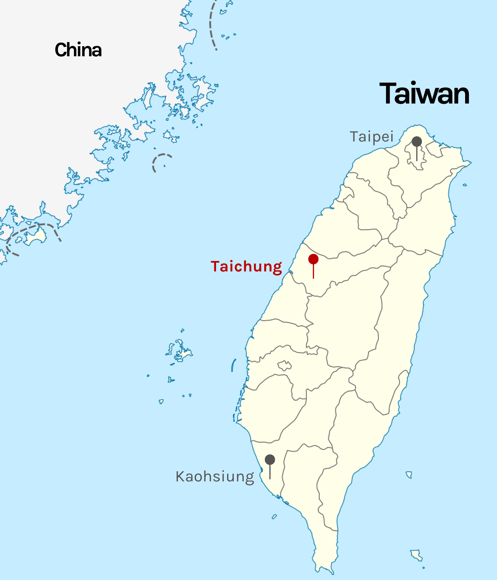 Taichung marked on map of Taiwan Taipei marked on map of Taiwan
